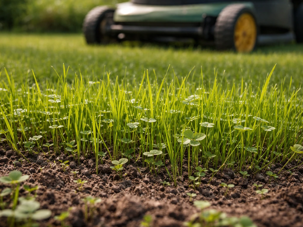 Jonge gras- en microklaver-spruiten op een licht zaaibed, met lage maaiverlichting en schone maaimachine op de achtergro