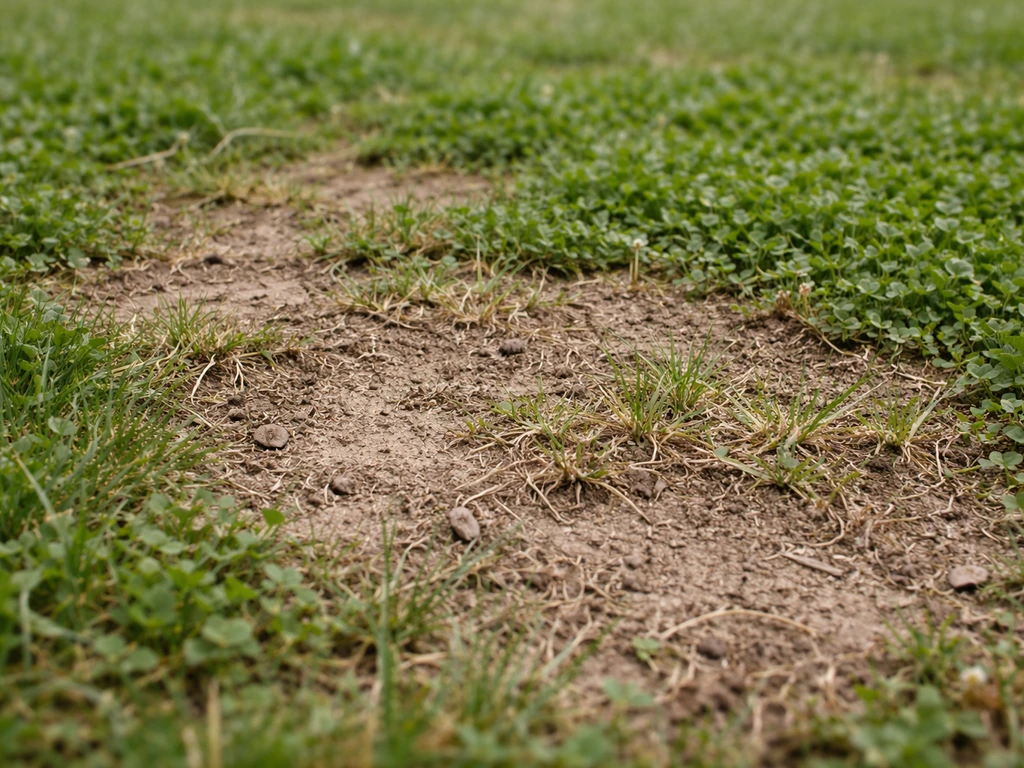 Close-up van een microklaver-gazon met kale plekken en dunne, slecht opgekomen sprieten