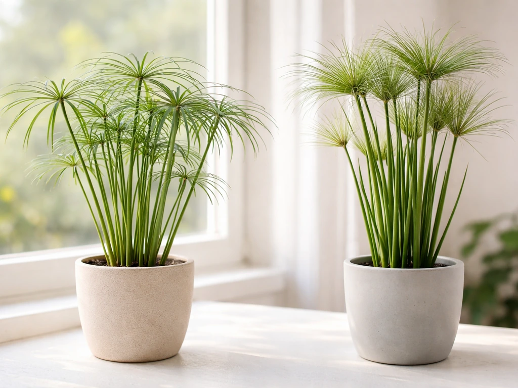 Close-up van grasachtige Cyperus-stengels met twee verschillende plantvarianten in een tuinpot, bij daglicht.