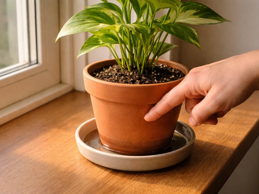 Kamerplant in pot op lichte waterschotel met zichtbaar waterpeil; vinger controleert vocht in de grond.