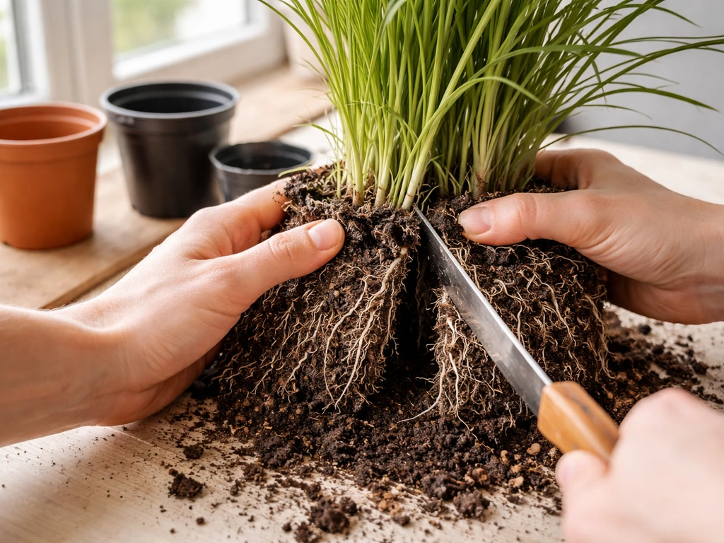 Handen die een kluit van Cyperus in 2–3 delen scheuren, met nieuwe potten en verse worteldetails
