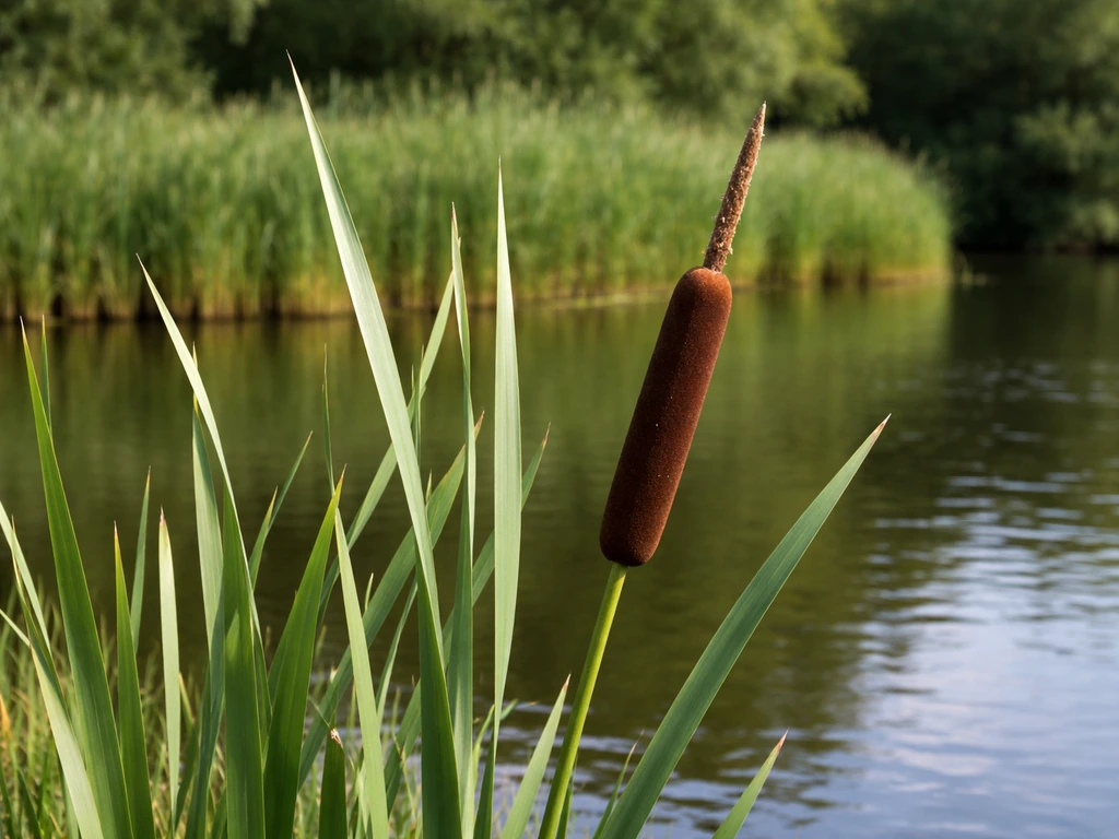 Typha gras met bruine kattenstaart-bloeiwijze langs de oever van een Nederlandse vijver of sloot.