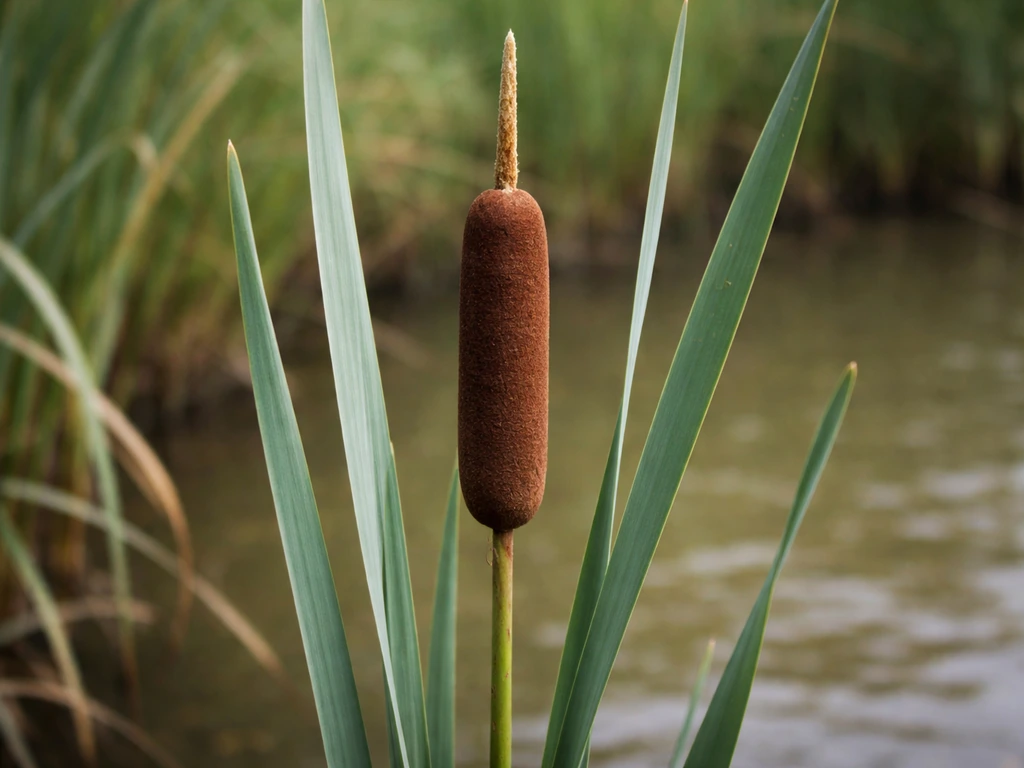 Close-up van Typha: bruine sigaar-achtige bloeiwijze en lange rechtopstaande grijsgroene bladeren.