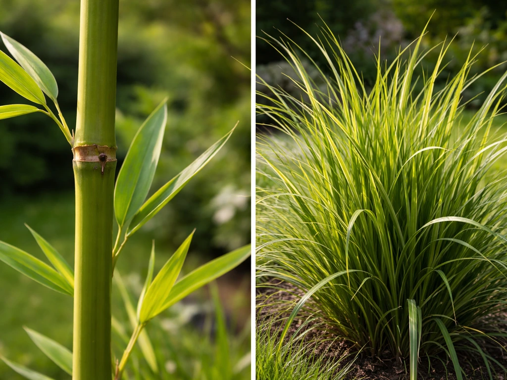 Close-up van twee planten: bamboehalm met blad en een bamboe-achtig siergras naast elkaar, natuurlijke tuinlicht.
