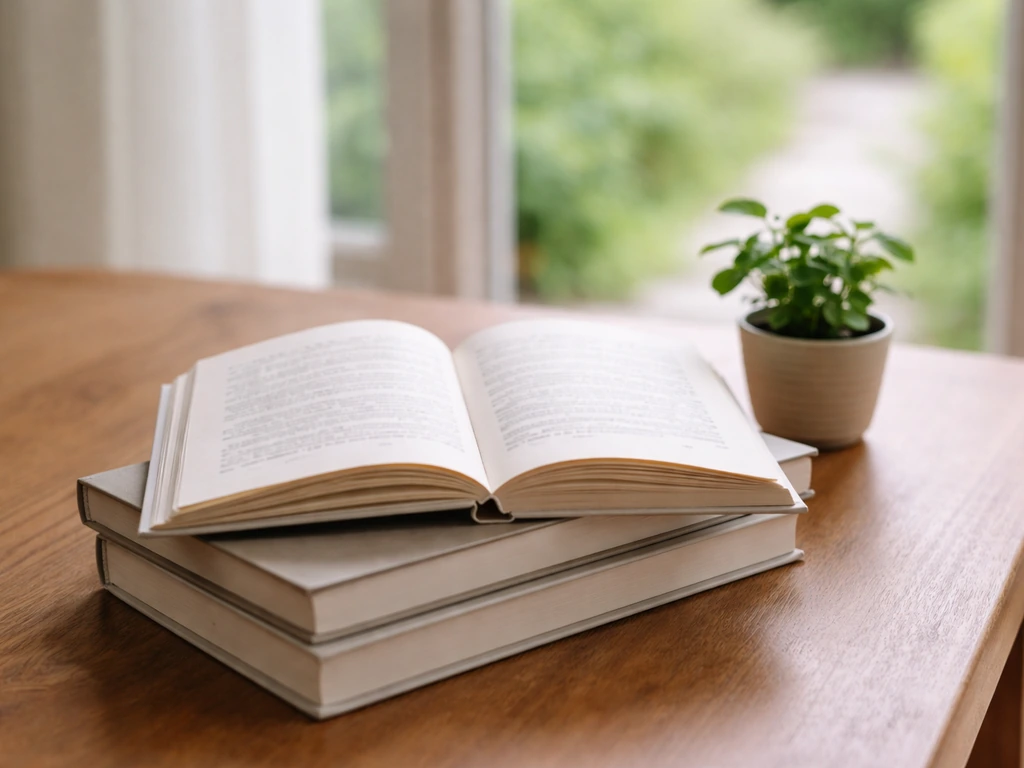 Close-up van een boek met een plantje en een klein woordenbundel-achtige papercontext die ‘gras’-verwarring suggereert