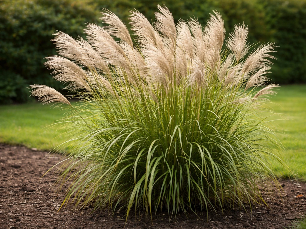 Close-up van een grote solitaire Miscanthus-pols met pluimen in een rustige tuin bij daglicht.