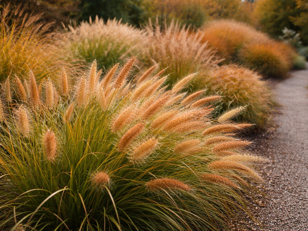 Herfstborder met lampenpoetsersgras en andere siergrassen in verschillende hoogtes en kleuren.