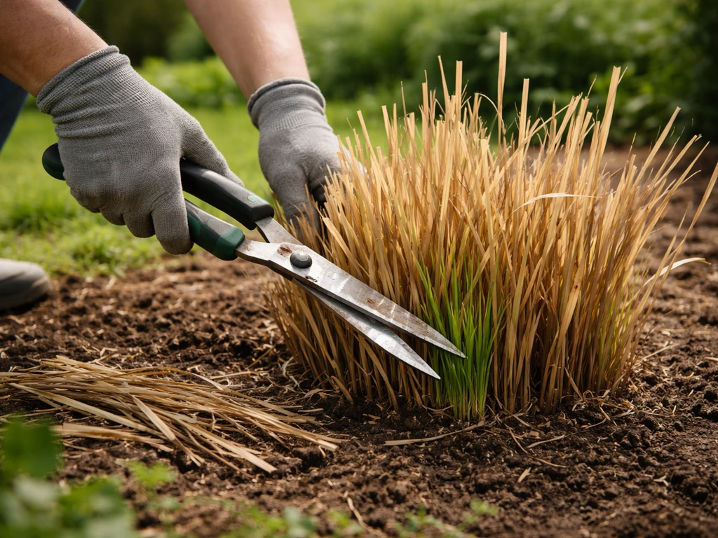Tuinier snoeit siergras in het vroege voorjaar; oude halmen en nieuwe groene uitloop zichtbaar.