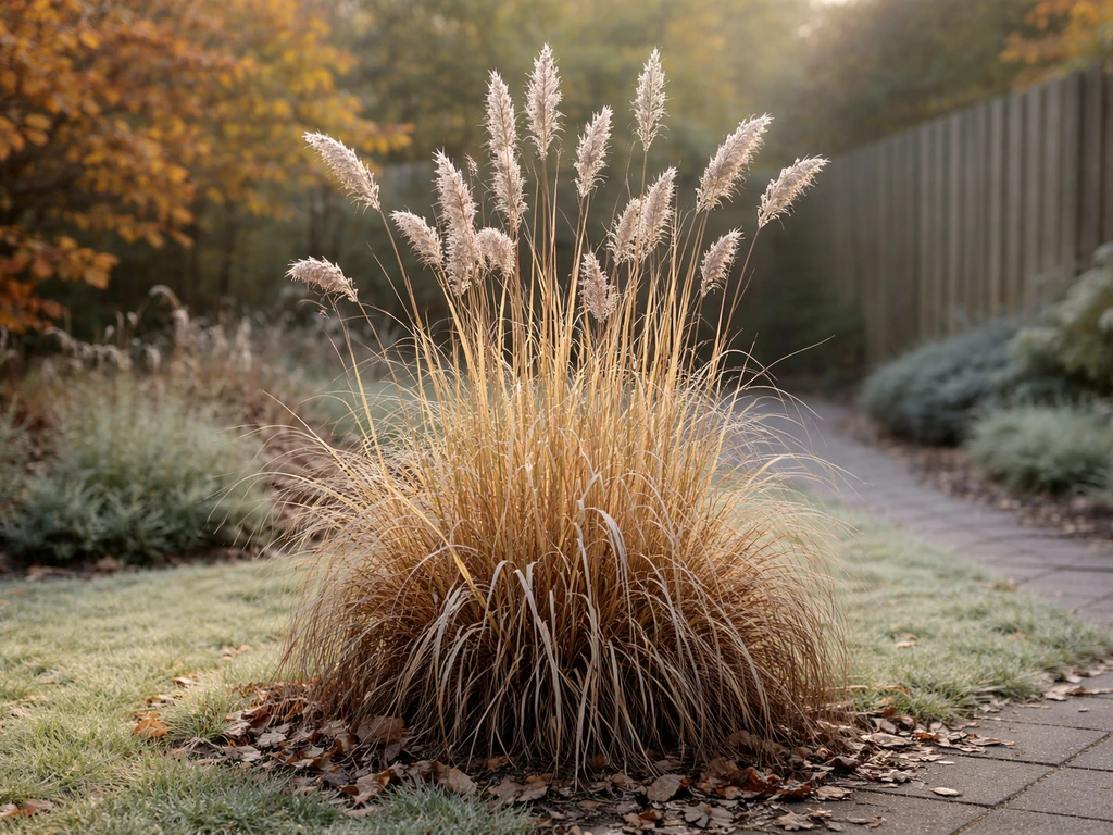 Bruin en intact siergras met decoratieve halmen en pluimen, in herfst- en winterlicht in een rustige tuin.