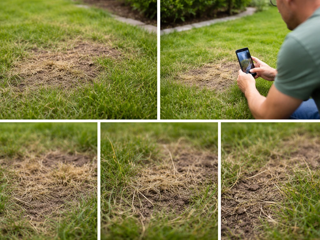 Telefoon maakt close-upfoto’s van een grasvlek in de tuin, met duidelijke details naast elkaar