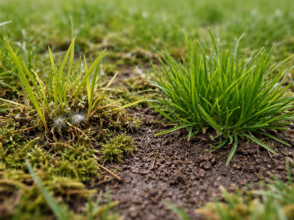 Close-up van gazongras met mos- en vergeelde plekken naast een gezonde, frisse groen pluk gras.