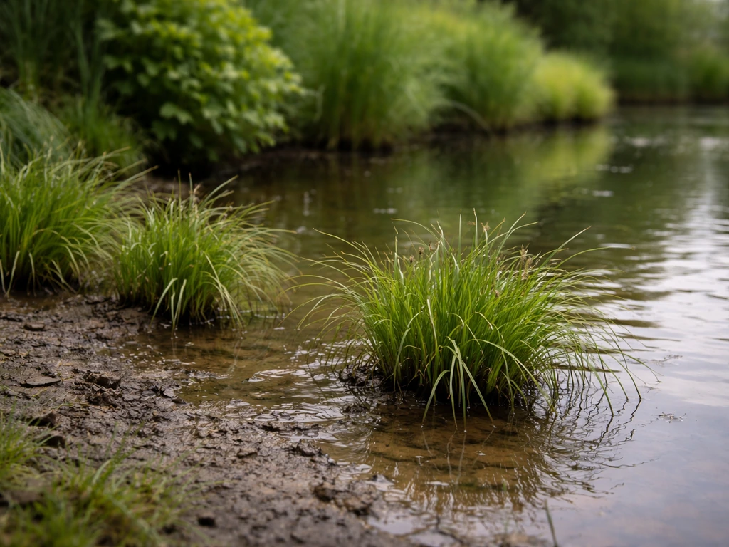 Natte vijveroever in een NL tuin met water gras-pollen (riet/zegge-achtig) in ondiep water en slib