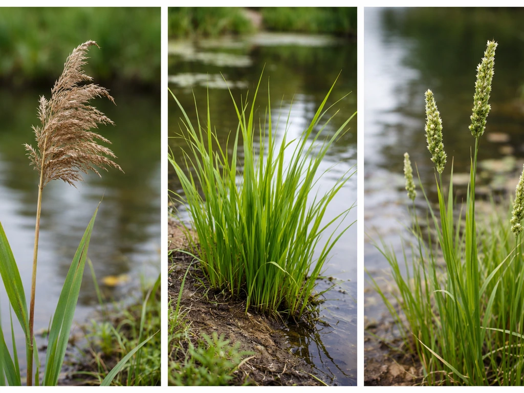 Collage van drie close-ups van riet- en oevergrasachtige planten met verschillende bloei en bladeren in natte oevergrond