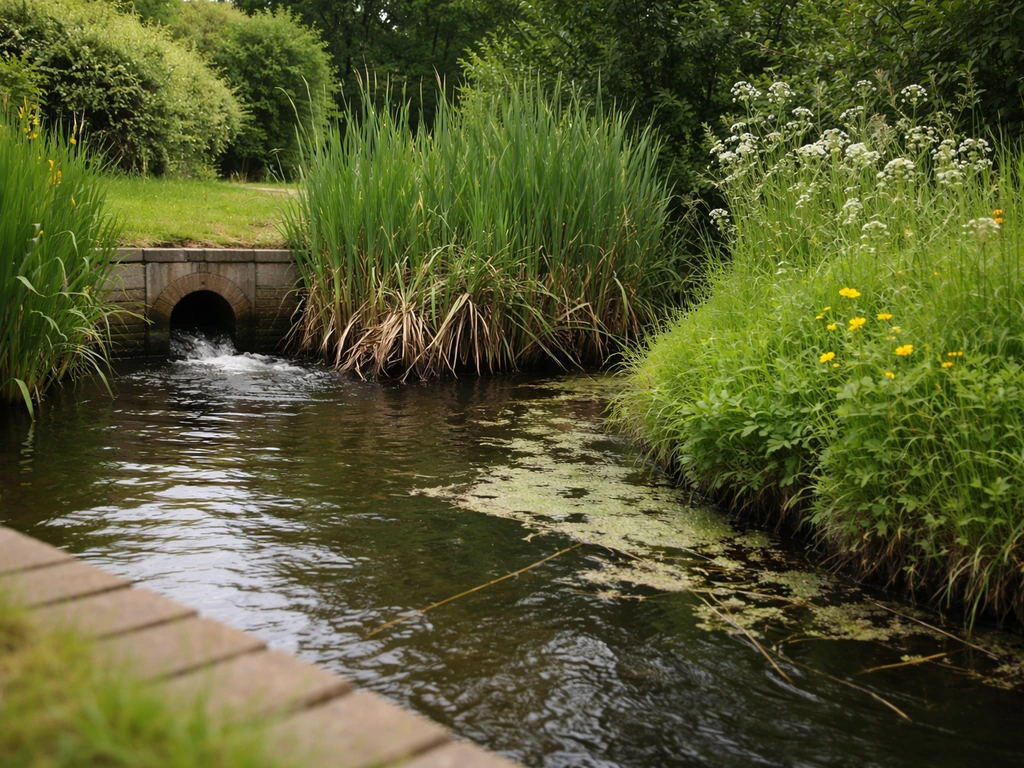 Tuin- en slootrand met water dat langs riet stroomt, rustige situatie voor prioriteit-inschatting