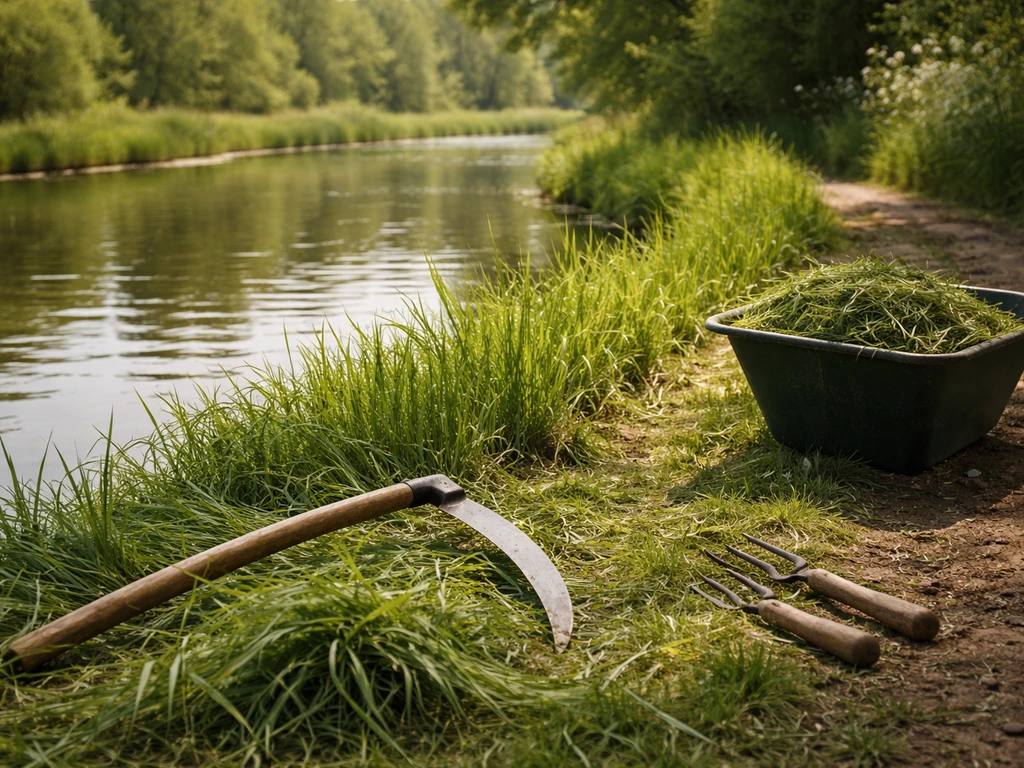 Stappen voor oevergras: maaien/knippen, afvoeren en nabehandeling op een sloot- of vijveroever