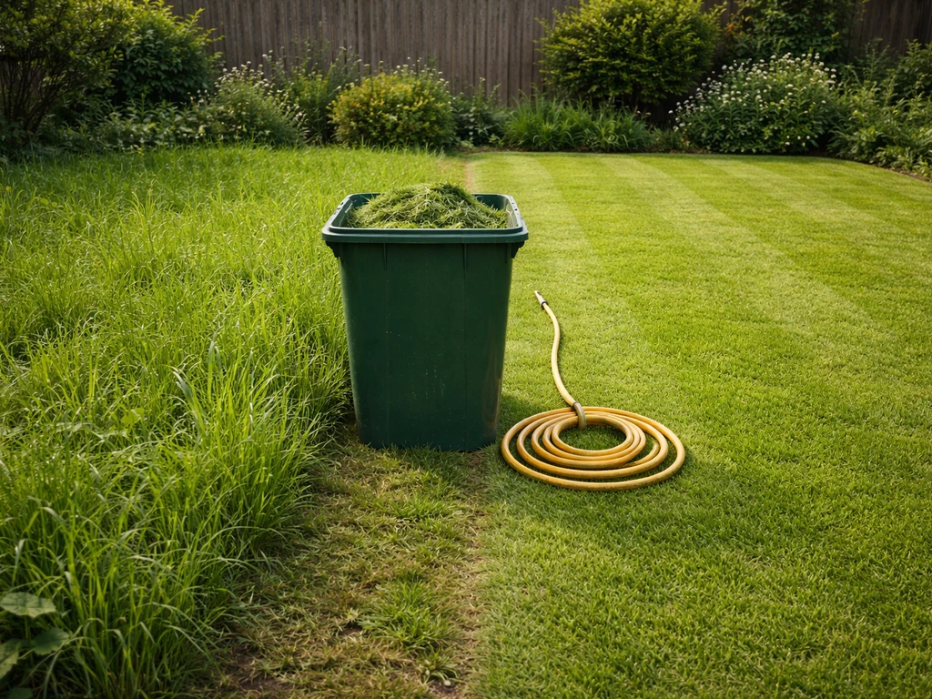 Netjes gemaaid gazon naast een strook met te hoog, ongewenst gras in een rustige Nederlandse tuin