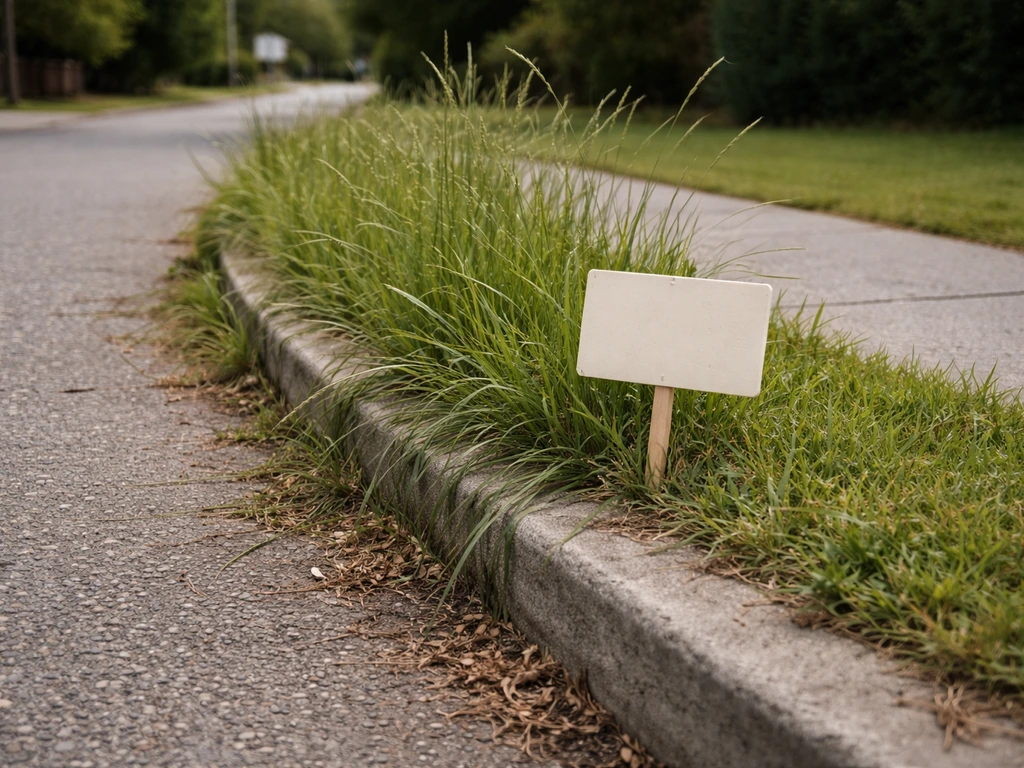 Hoog gras langs een stoep met een waarschuwingsbordje bij de rand, die handhaving van eigen terrein toont.