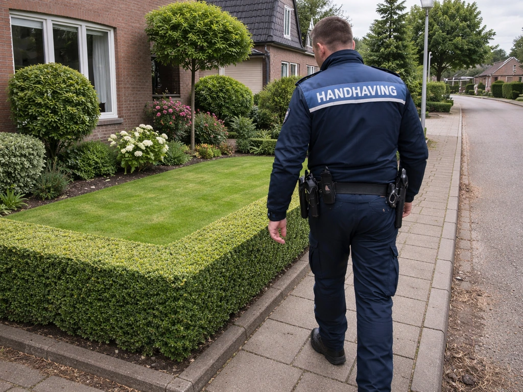 Anonieme BOA in woonwijk die een voortuin en erfafscheiding controleert, met gemaaid gras en tuinrand.