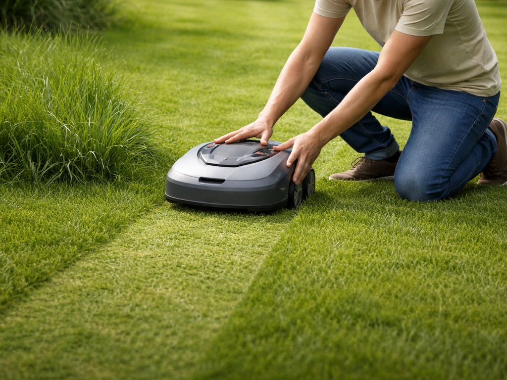 Persoon die een grasrobot positioneert op het gazon, met zichtbaar maaipad dat het gras egaler maakt.