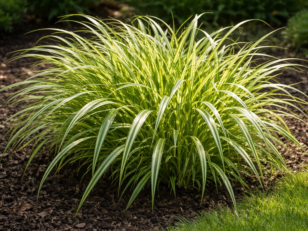Weelderige pol wit-groen gestreept Miscanthus (Variegatus) in een rustige Nederlandse tuin.