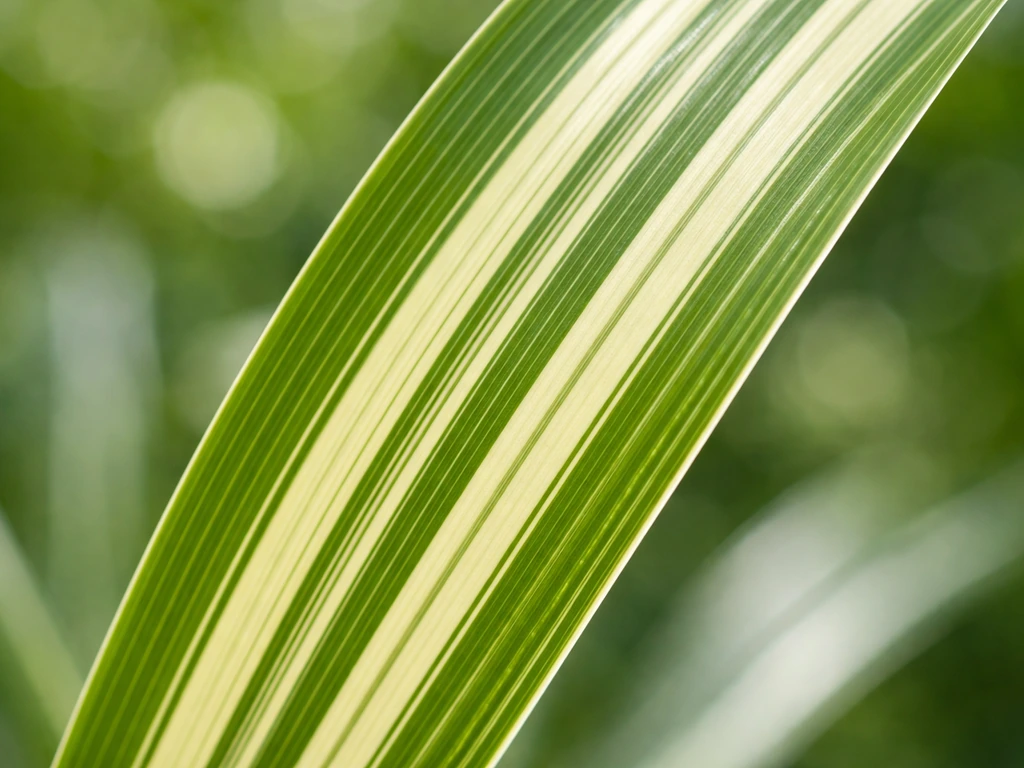 Close-up van bont blad van Miscanthus 'Variegatus' met wit-groene strepen, bladoriëntatie duidelijk zichtbaar.