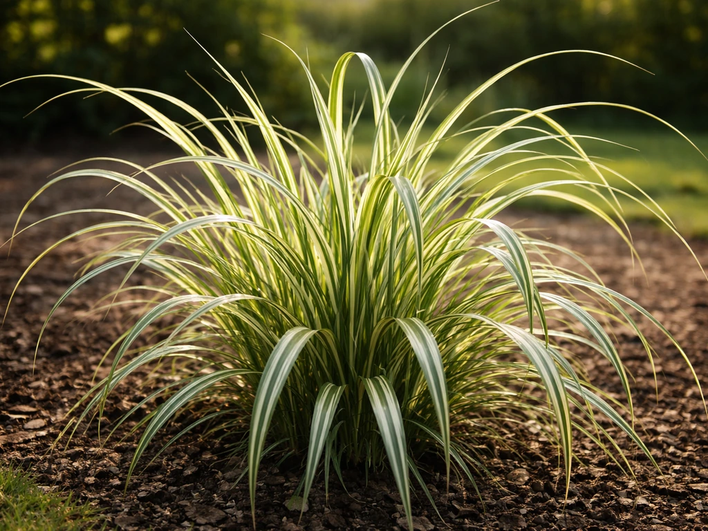 Bont siergras Miscanthus 'Variegatus' in een zonnige tuin, met goed zichtbare streepjes op het blad.