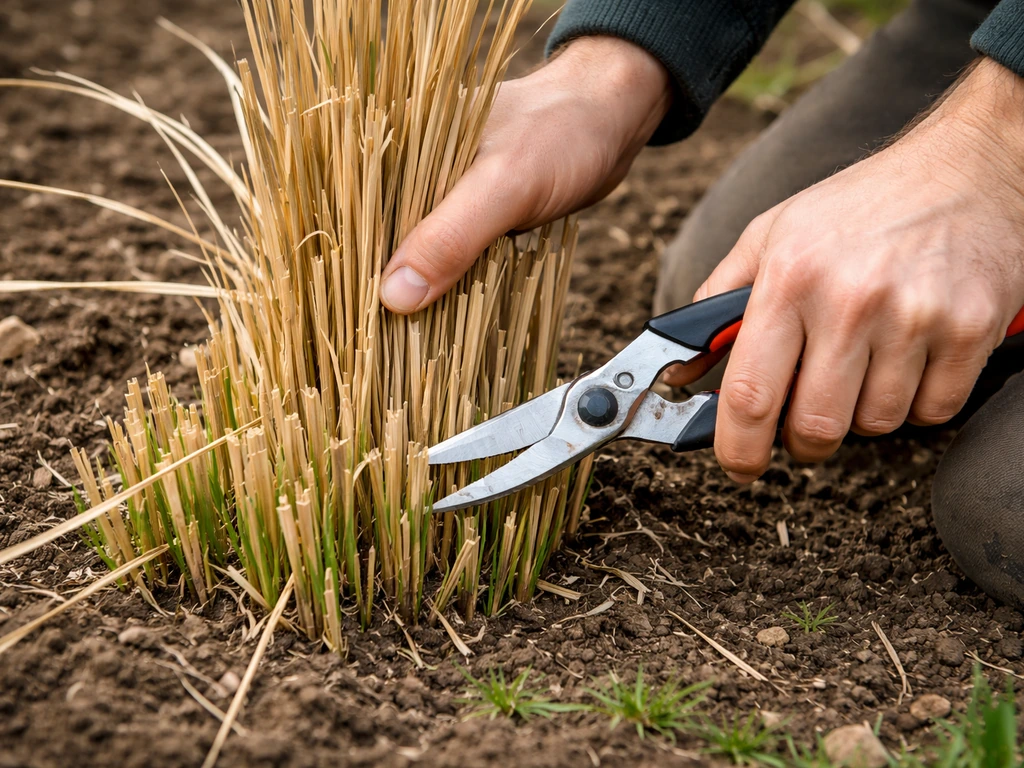 Anonieme handen en snoeischaar die Miscanthus in maart terugknipt tot 10–15 cm met begin van uitlopend groen.