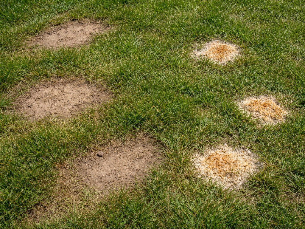 Top-down gazon met kale plekken en wit-oranje schimmelachtige vlekken die op gras patat lijken.