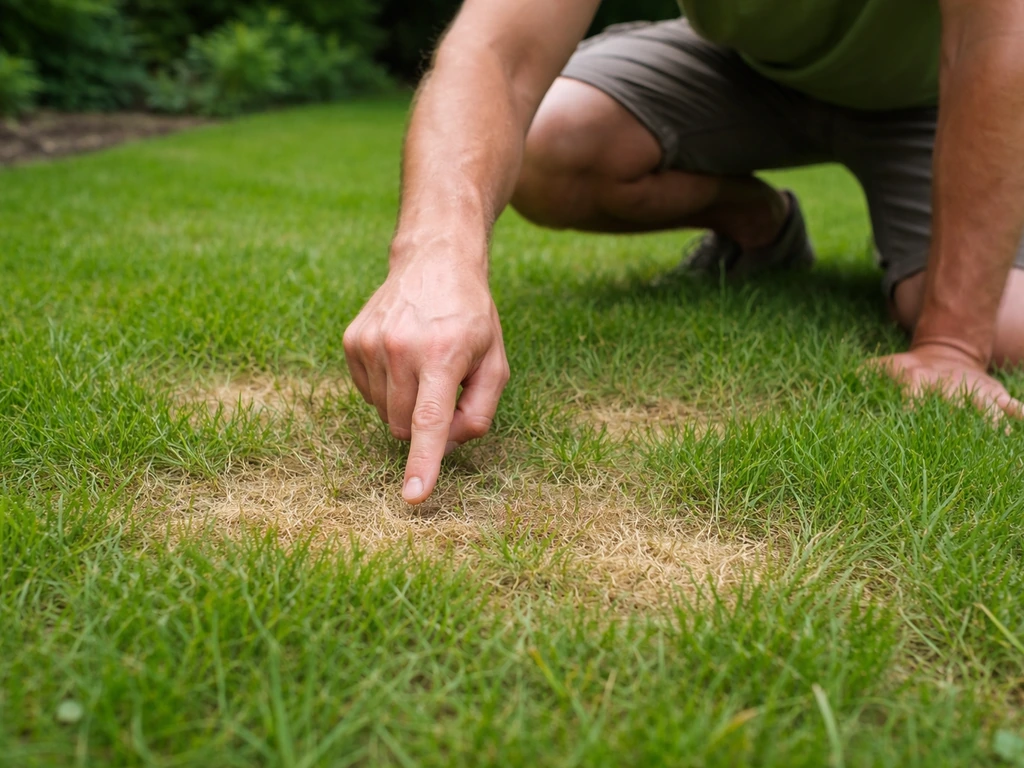 Close-up van een tuinier die vlekken in het gras aanwijst, onscherpe gazonachtergrond