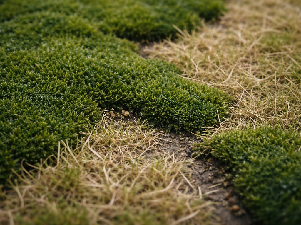 Close-up van donkergroen mos dat bruine afgestorven graszoden overneemt in de tuin.