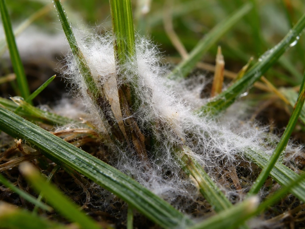 Extreem close-up van gras met zichtbare witte schimmelachtige plekken, die schimmelziekte op het gazon tonen.