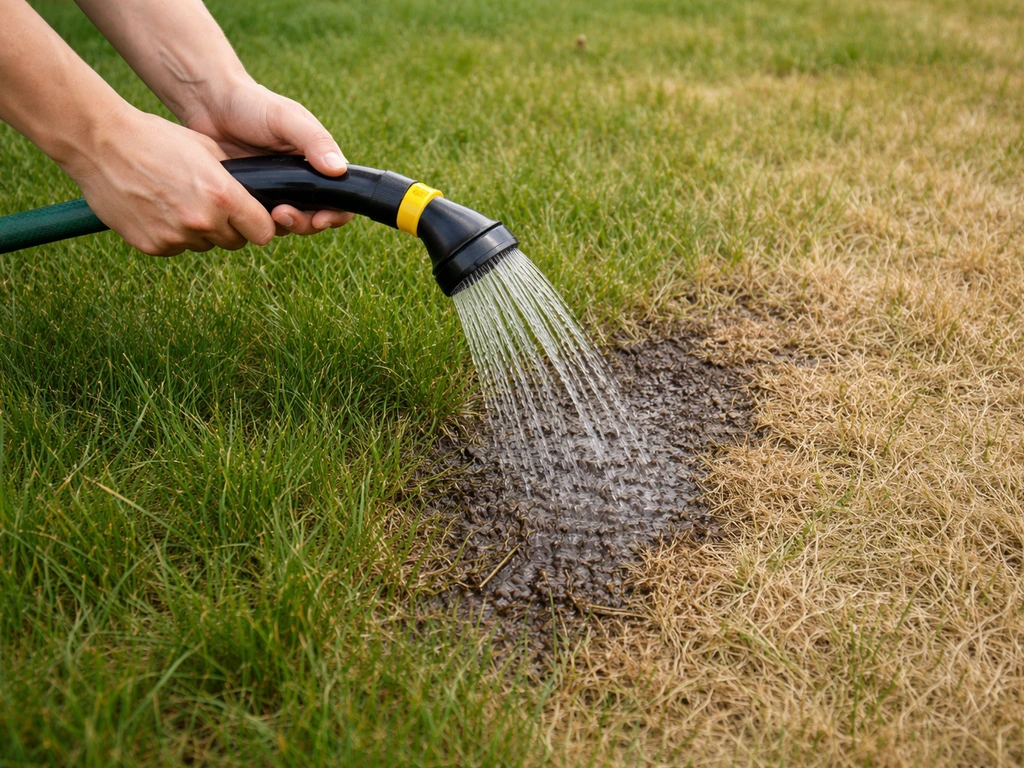 Handen die water geven bij de wortelzone van droog gras; vochtige grond tegenover drogere plek in de tuin.