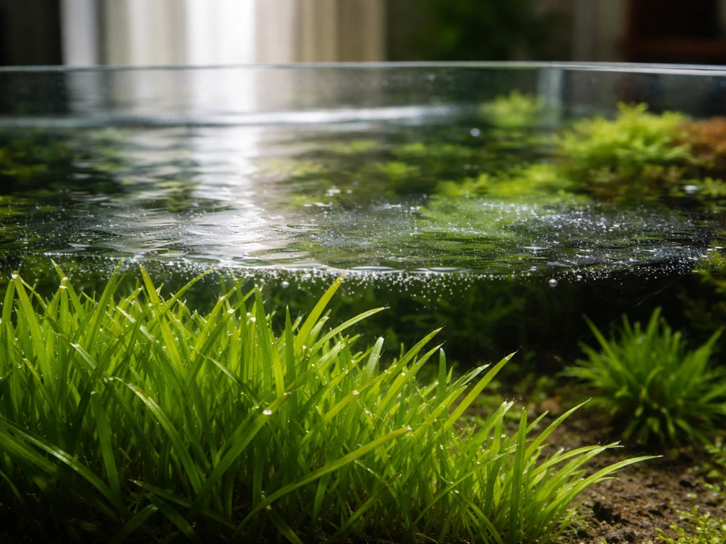 Beplante aquariumbak met grasachtige planten en een dunne, zichtbare film/biofilm op het wateroppervlak.
