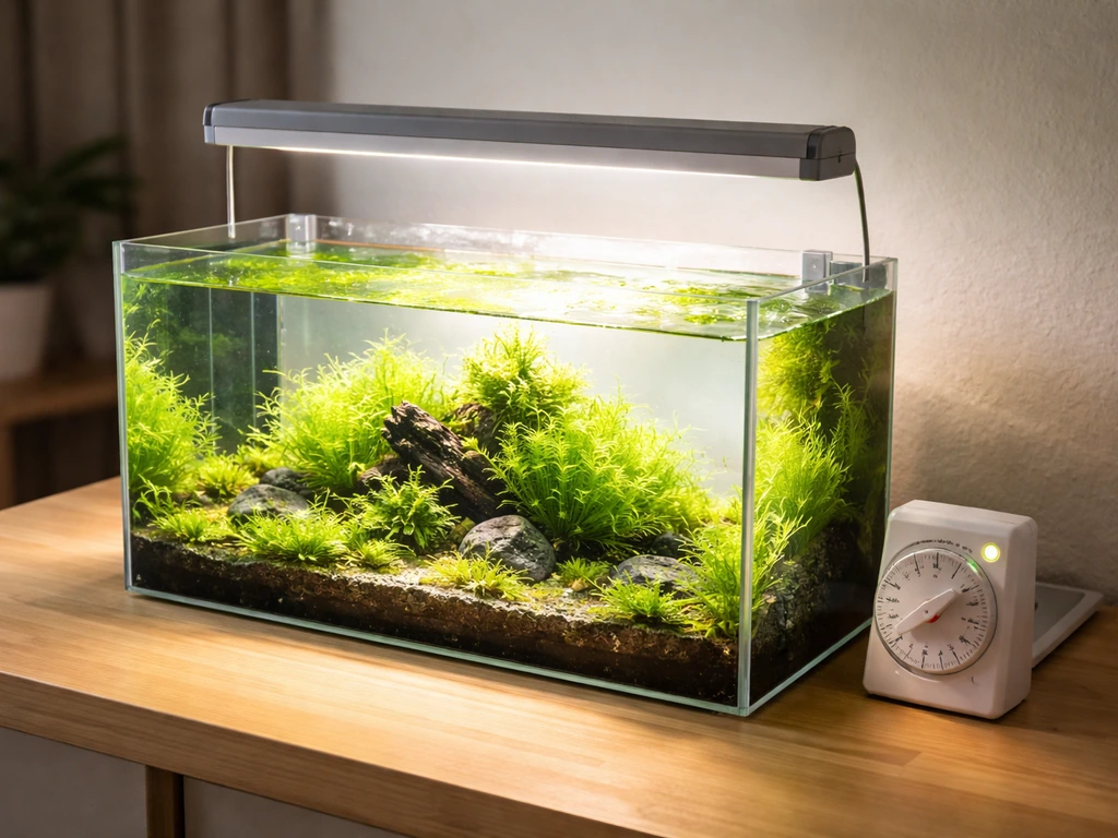 Aquarium met lamp en timer die een te lange belichtingsduur suggereert, warm fel licht op planten.