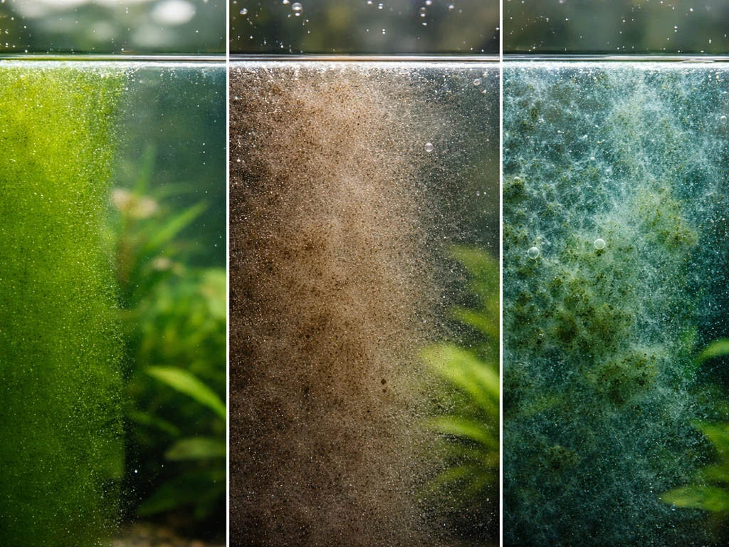 Vergelijkingsfoto van drie filmtypes op aquariumglas: groen alg, bruine slijmlaag en blauw-groene cyanobacteriën.