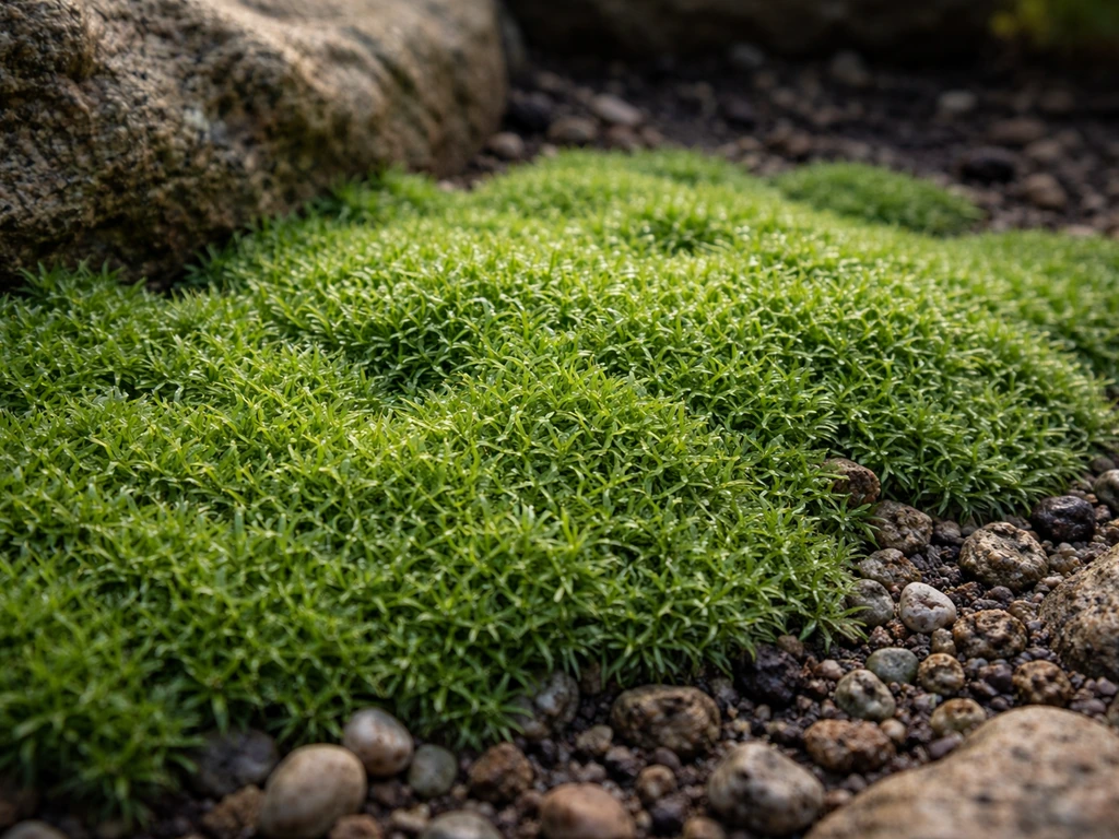 Close-up van dicht Sagina gras in een Nederlandse tuinborder/rotsplek, met pruiemachtige blaadjes