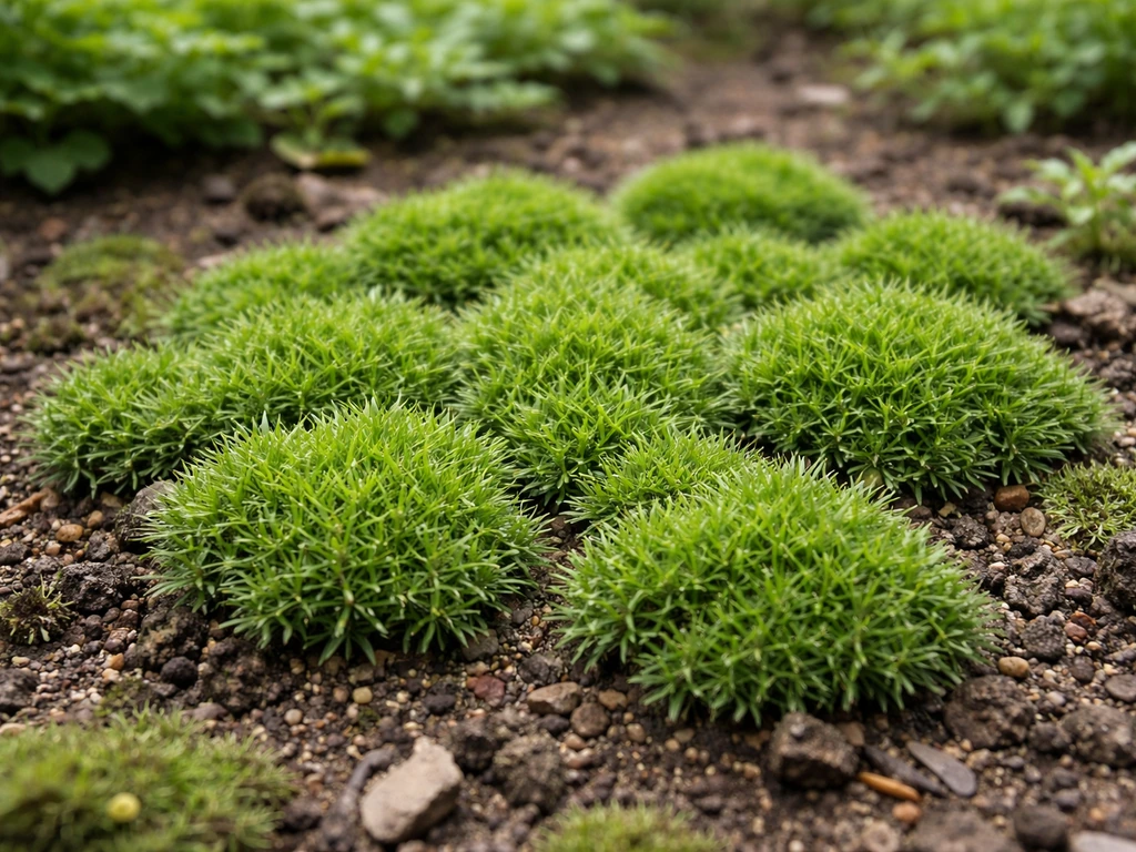 Heldergroene vetmuur (Sagina maritima) met fijne priemachtige blaadjes in de tuinbodem, als mosachtige plant.