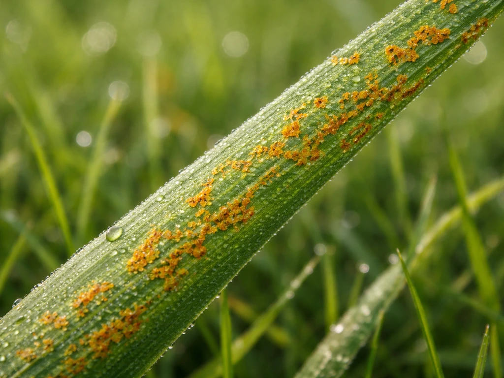 Close-up van grasblad met oranje roestsporen op een gazon, duidelijke vlekken en bladtextuur.