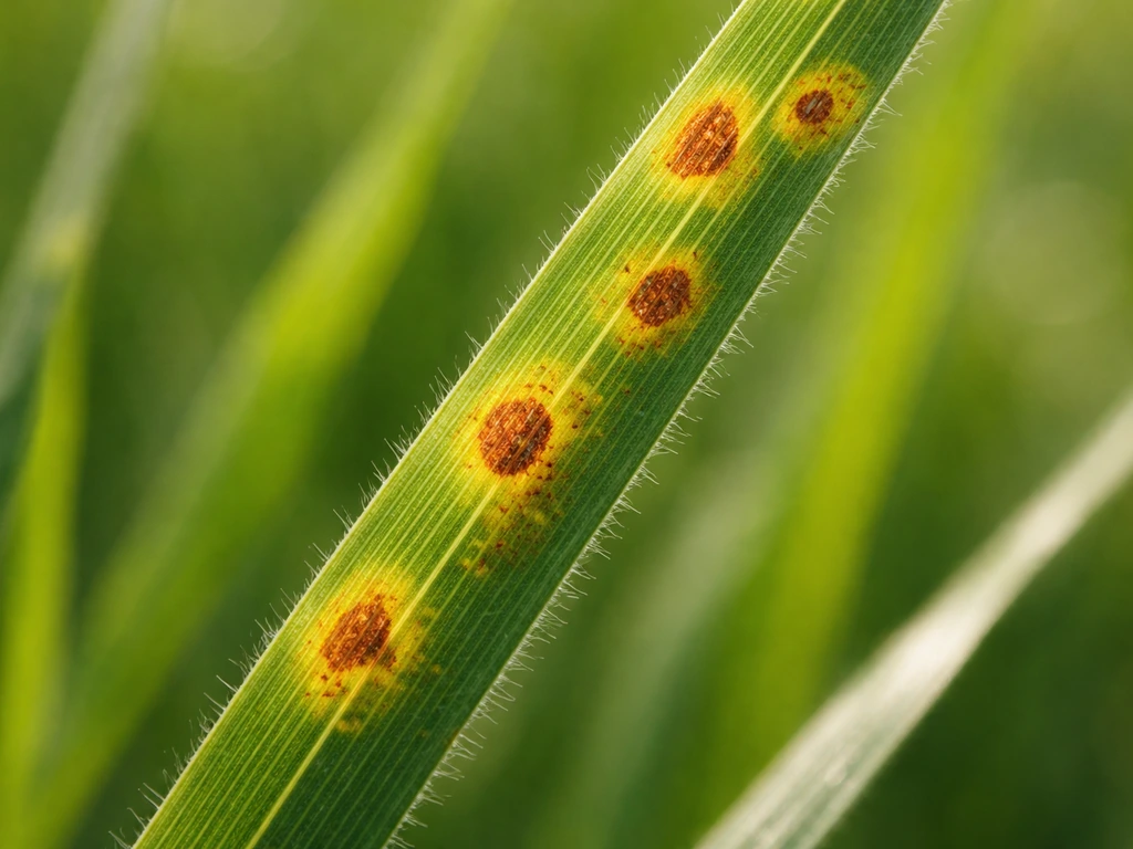 Close-up van grassprieten met kleine oranje en bruine roestvlekjes en subtiele gele verkleuring eromheen