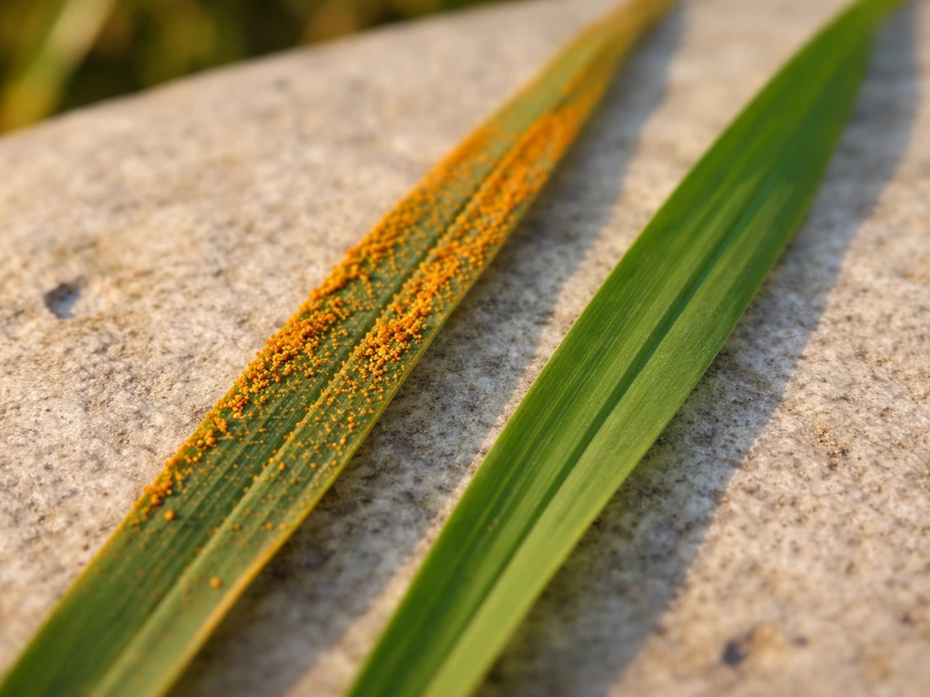 Close-up van een grasblad met oranje sporen die zichtbaar worden bij vegen, naast een groen blad zonder sporen.