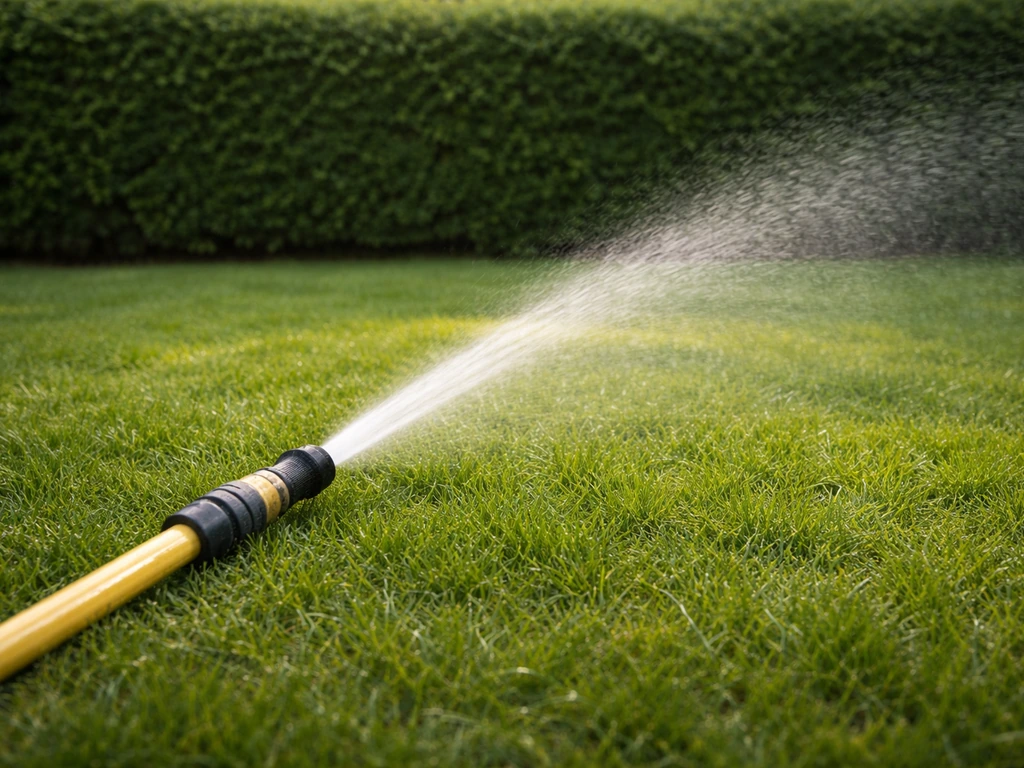 Tuinberegening met gerichte sproeier en een gezond ogend grasperk, met droogvallende bladeren in rustige omgeving.