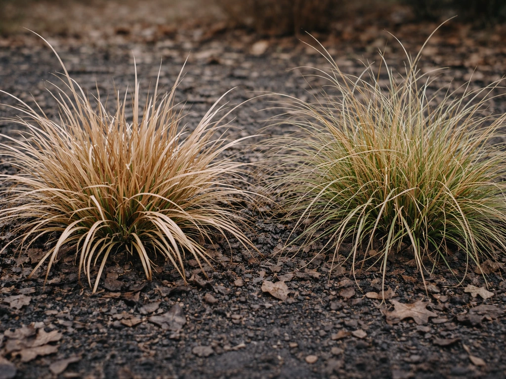 Twee soorten polgrassen naast elkaar in een tuin, met duidelijke blad- en winterstructuur op de voorgrond.
