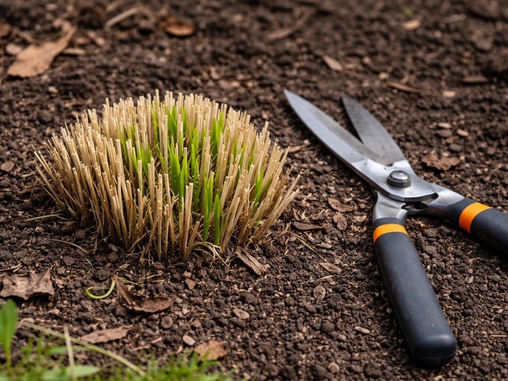 Perenpijke pol siergras in maart die net is teruggeknipt (10–15 cm) met snoeigereedschap ernaast.