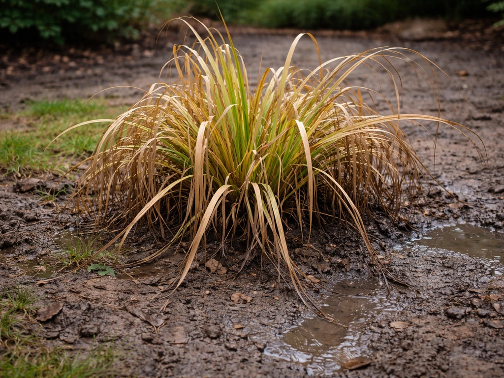 Natte, verdichte grond rond een siergras met gele en uitvallende stengels, passend bij slechte drainage.