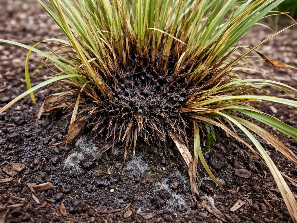 Close-up van een pol siergras met een afstervende, rotte kern en donkere schimmelplekken in de grond.