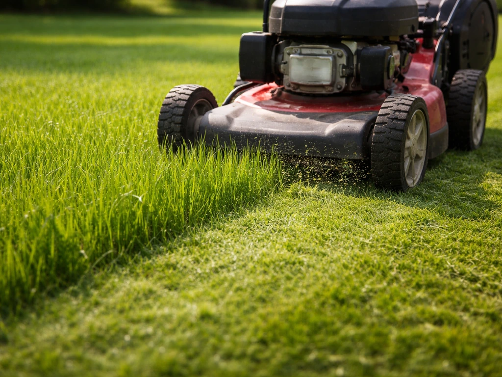 Een grasmaaier rijdt over een jong gazon met babygras van 8–10 cm, klaar voor de eerste maaibeurt.