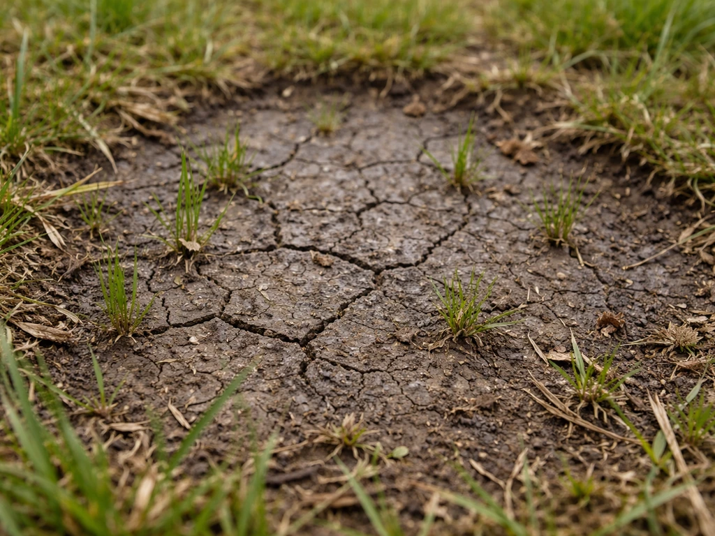 Close-up van verdichte, gekorst gazonbodem na regen, met jonge grasjes die net erboven groeien.