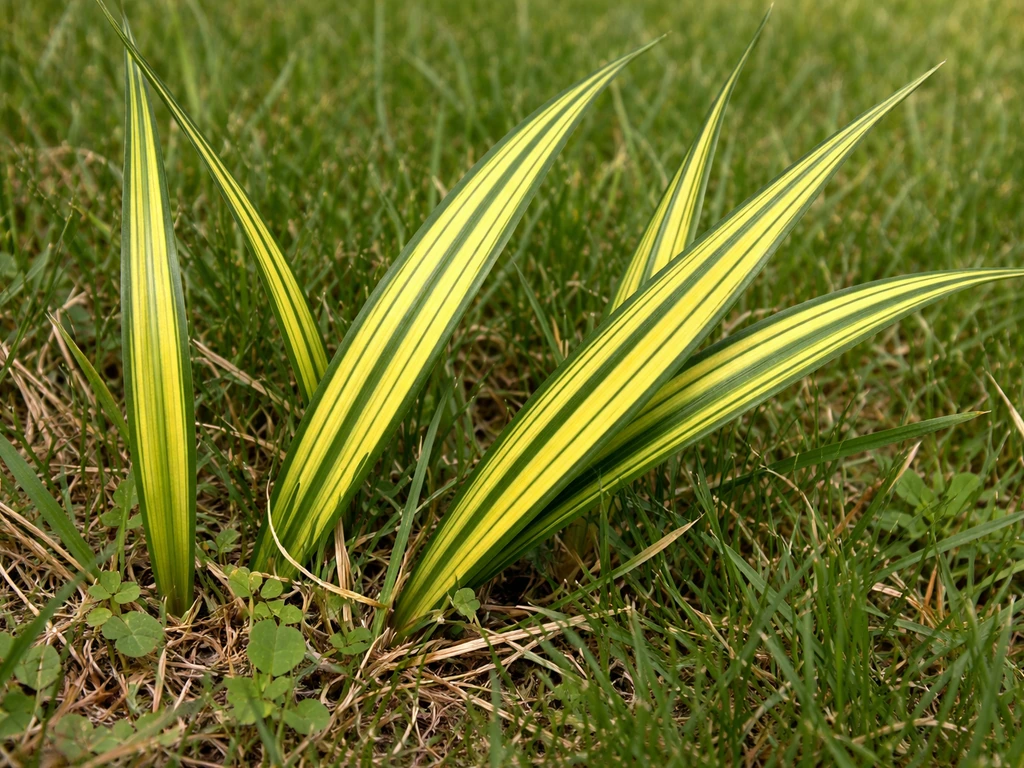 Close-up van gazon en siergras met interveinale chlorose: gele ruimtes tussen bladnerven, nerven groen.