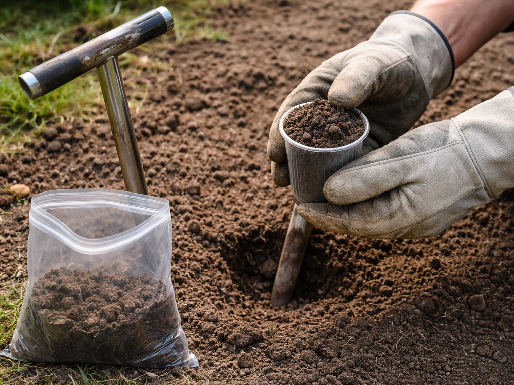 Gepande handen in tuin houden grondmonsterzakje en schepje met aarde vast voor bodemonderzoek.