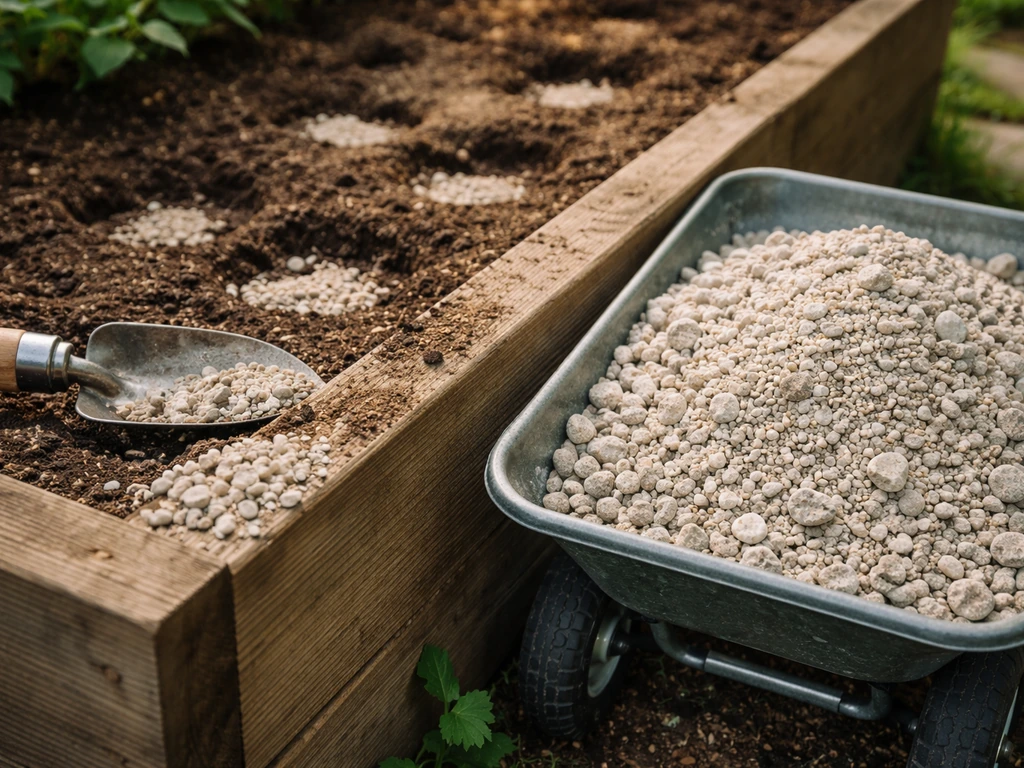 Klein tuinbakje met korrels kalk en magnesiumzout op een karretje, klaar om bodembemesting in de grond toe te passen.